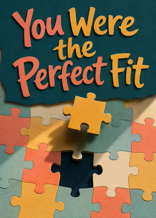 Papercraft puzzle with one gold piece lifted, reading You Were the Perfect Fit