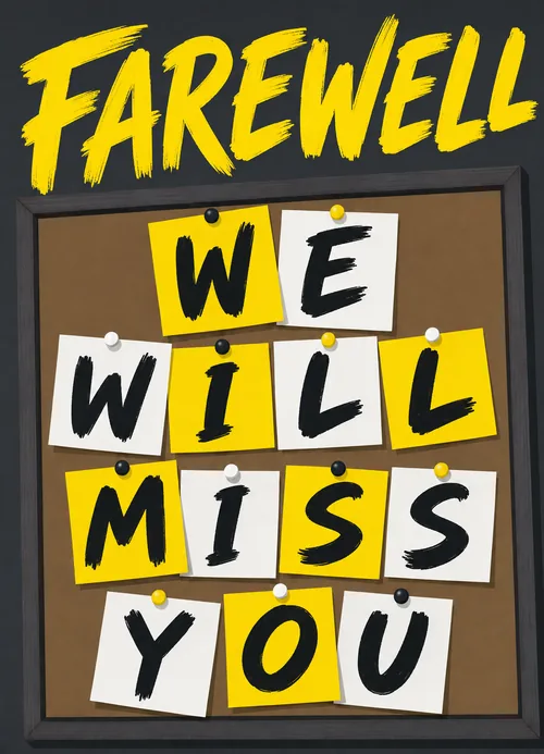 Yellow and white sticky notes spell We Will Miss You on a corkboard under bold Farewell text
