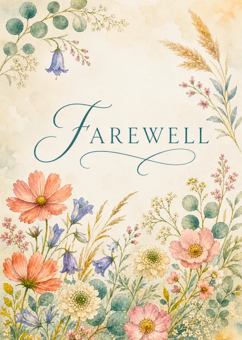 Delicate watercolor wildflowers and eucalyptus with elegant Farewell script on cream