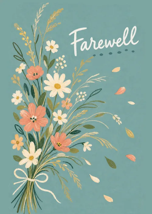 Painted wildflower bouquet tied with a bow on dusty teal with white Farewell script