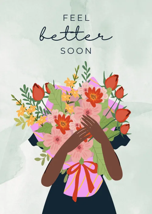 Person holding a tulip bouquet on a Feel Better Soon get well card