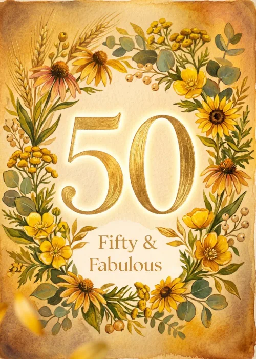 Gold 50 in a yellow wildflower wreath for a Fifty and Fabulous birthday card