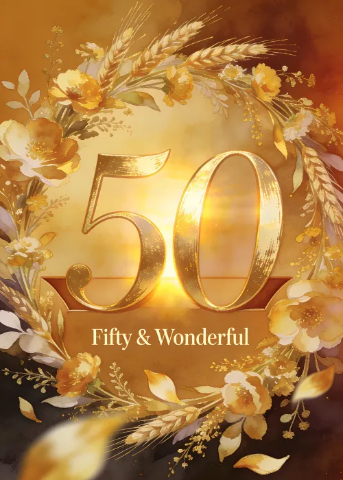 Glowing gold 50 wreathed in roses for a Fifty and Wonderful 50th birthday card
