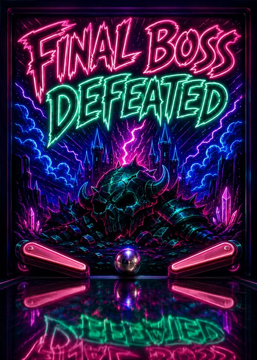 Neon arcade poster of a defeated skull monster boss beside a lit pinball machine