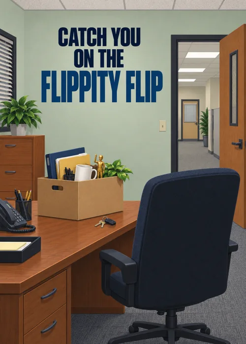 An empty office chair beside a packed moving box, Catch You on the Flippity Flip painted on the wall