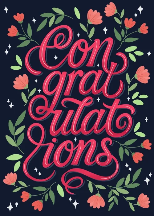 Navy card with pink floral wreath around bold congratulations script