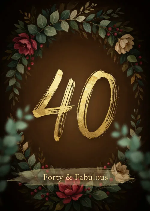 Gold 40 in a rose and foliage wreath for a Forty and Fabulous 40th birthday card