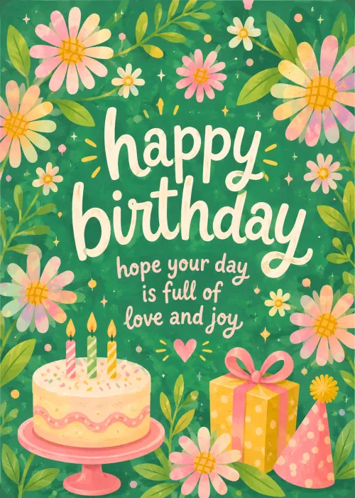 Pastel daisies, cake and gift framing a happy birthday full of joy greeting