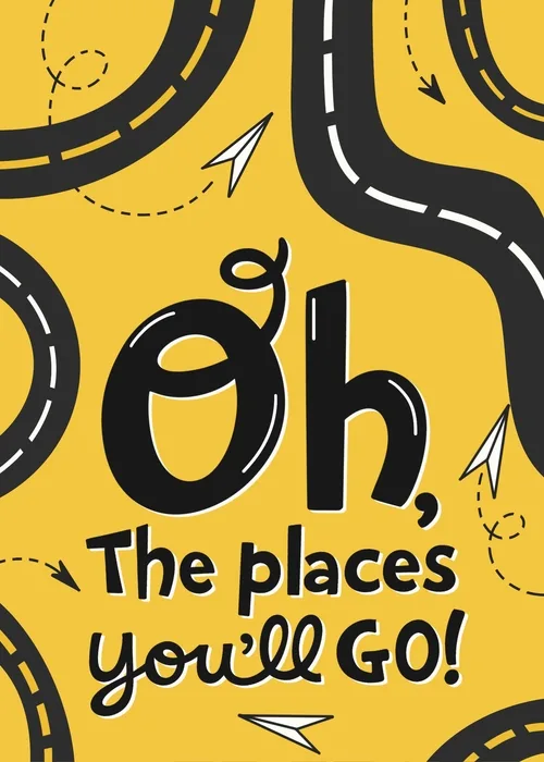 Bright yellow animated farewell card with illustrated winding roads and paper airplane surrounding bold black hand-lettered text Oh The Places Youll Go