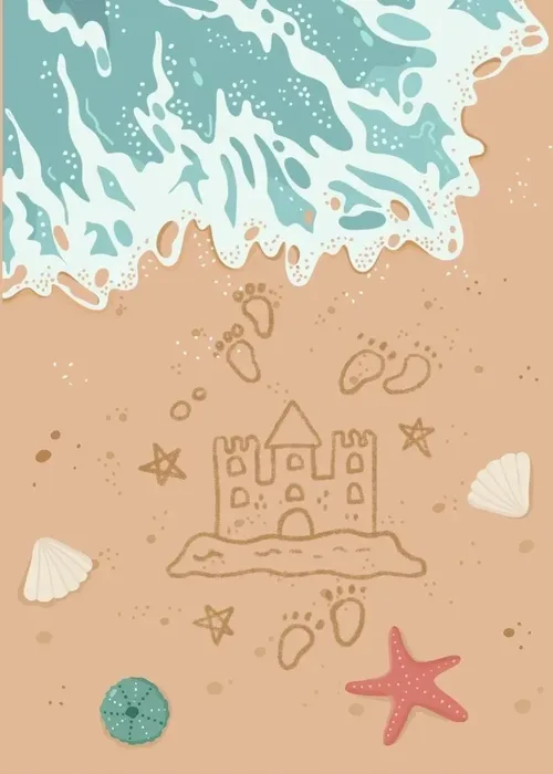 Animated beach scene with a sandcastle etched in sand, ocean waves, seashells, and a starfish along the shoreline