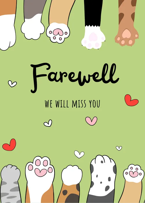 Farewell card on bright lime green background with rows of illustrated cat paws in various colors including white orange tabby gray black and spotted dangling from the top edge and stretching from the bottom with small hearts and Farewell We Will Miss You text