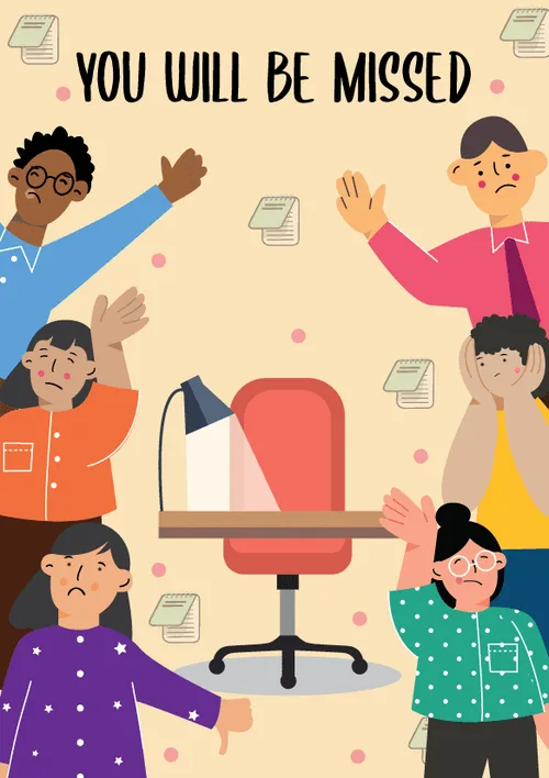 Diverse illustrated coworkers with sad expressions waving around an empty office desk and chair with You Will Be Missed text on a beige background