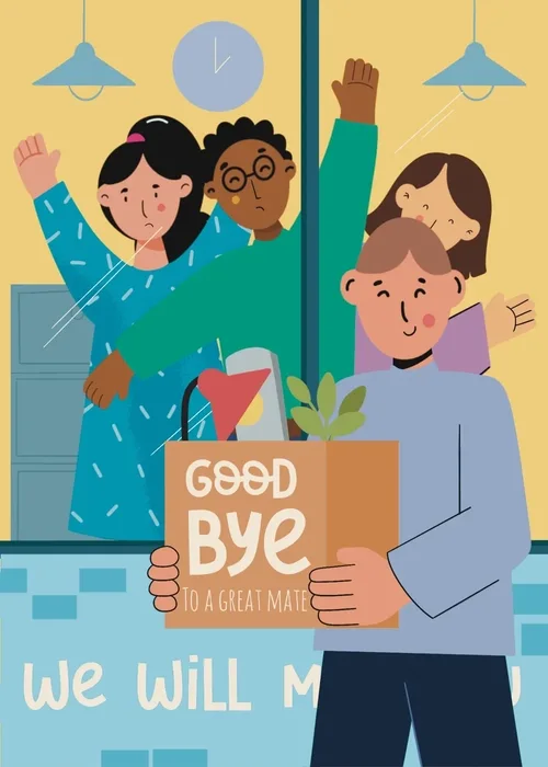 Diverse illustrated office coworkers waving goodbye to a male colleague carrying a box labeled Good Bye To A Great Mate with a plant inside, in a colorful office setting with pendant lights