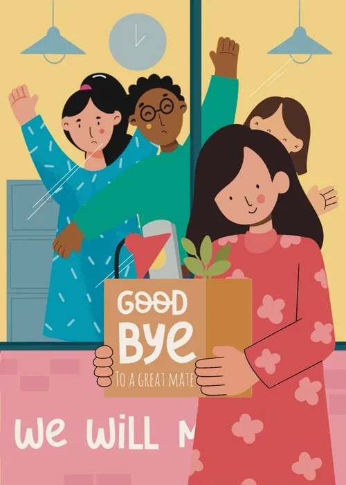 Diverse illustrated office coworkers waving goodbye to a female colleague in a pink dress carrying a box labeled Good Bye To A Great Mate with a plant inside, in a colorful office setting with pendant lights