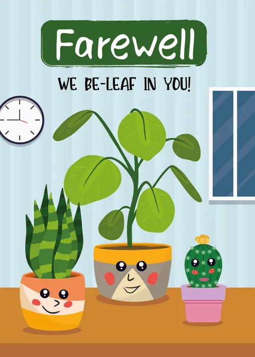 Three cute illustrated potted plants with smiling faces and rosy cheeks on a wooden desk in a light blue striped wallpaper office setting with a white wall clock and blue window frame, a green chalkboard banner reading Farewell We Be-Leaf In You