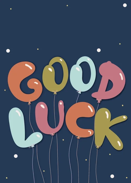 Animated farewell card with bright illustrated balloons in multiple colors carrying a bold Good Luck message with festive confetti and cheerful send-off energy
