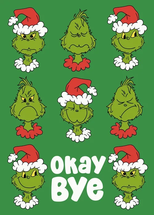 Animated Grinch-themed farewell card with funny holiday illustrations and goodbye text