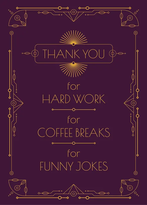Group farewell ecard with gold art deco border on plum background thanking a departing colleague for hard work coffee breaks and funny jokes