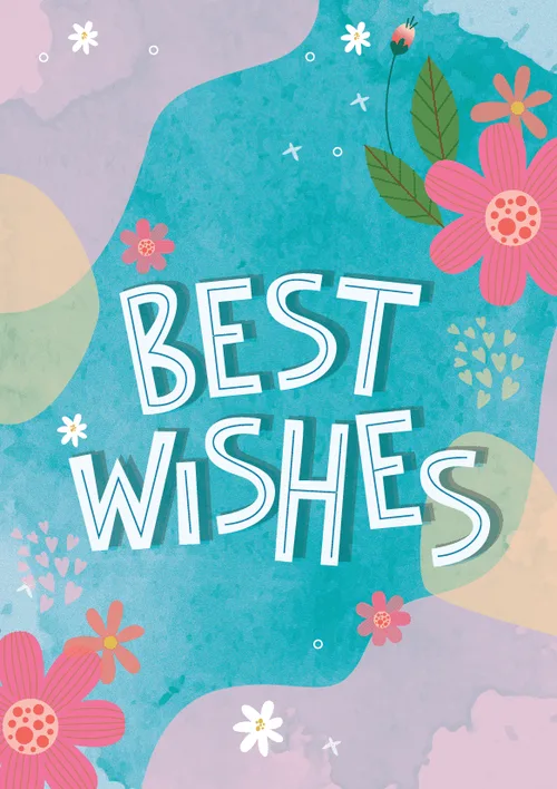 Greeting card with teal and aqua watercolor background abstract paint blobs in pink and peach scattered coral pink illustrated flowers and bold white hand-lettered Best Wishes text at center