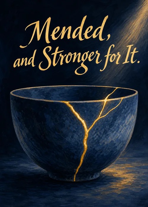 Dark blue kintsugi bowl mended with glowing gold seams beneath Mended and Stronger for It text