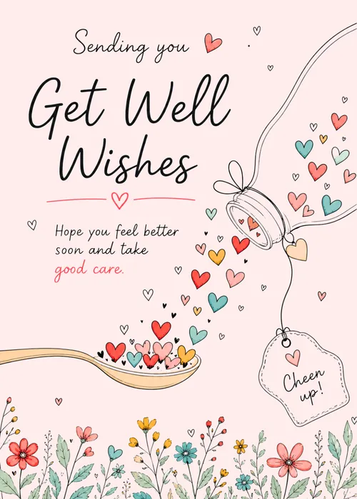 Illustrated get well soon card with soft pastel floral design and Sending You Get Well Wishes in script font