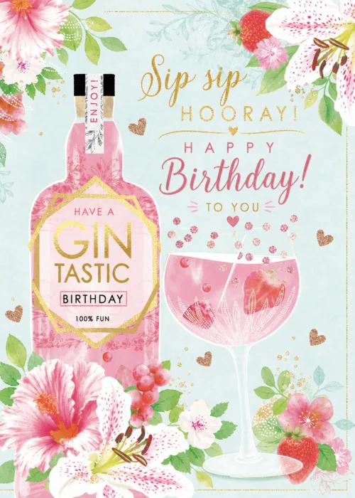 Pink gin bottle and strawberry cocktails among watercolor florals for a sip sip hooray birthday