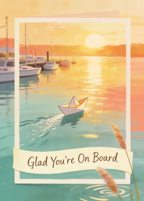 Paper boat in a sunset marina on a Glad You're On Board welcome card