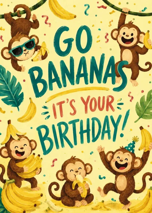 Cartoon monkeys holding bananas amid confetti celebrating a birthday on a sunny yellow background