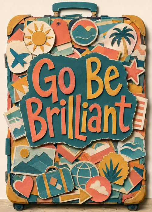 Paper-collage travel suitcase covered in sun, palm tree, and plane stickers with Go Be Brilliant lettering