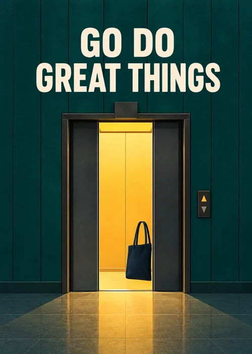 Teal card with an open elevator glowing gold and a tote bag inside, text Go do great things