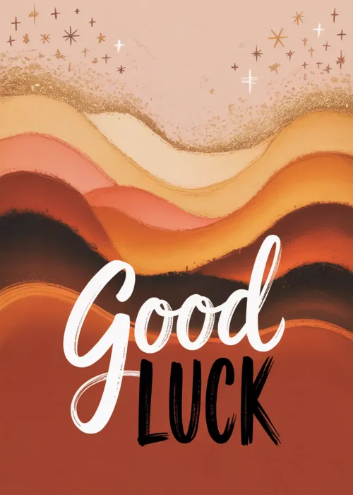 A layered desert sunset illustration in earth tones with the text Good Luck.