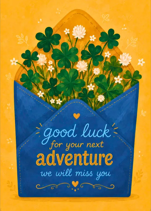 Blue envelope of clovers on a Good Luck Next Adventure farewell card