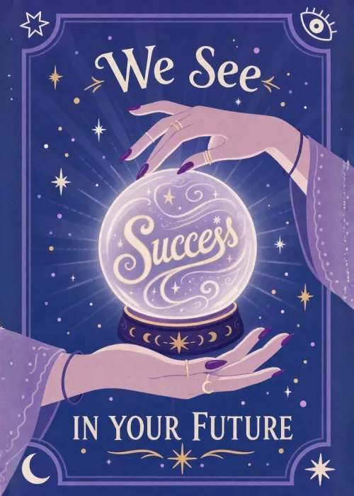 Mystic hands around a glowing crystal ball reading Success on a violet best wishes card