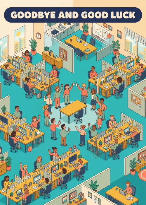 An isometric view of a busy office with many coworkers and the text Goodbye and Good Luck.