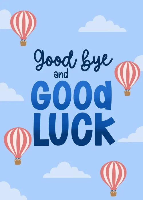 Sky blue farewell card with illustrated hot air balloons drifting above clouds