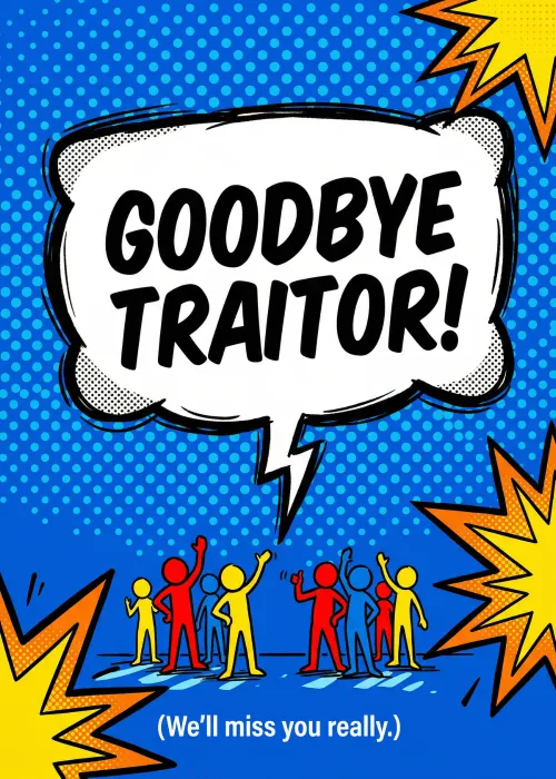 A comic book style design with a character crying and the text Goodbye Traitor!