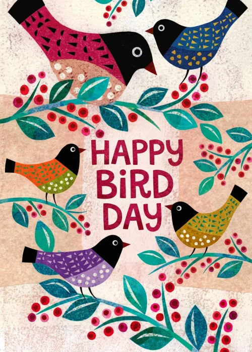 Five patterned folk-art birds on berry branches with hand-lettered Happy Bird Day birthday pun