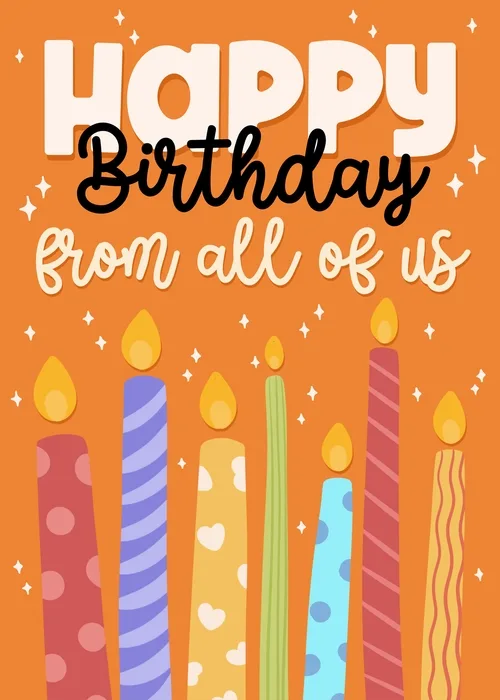 Orange birthday card with striped candles and bold from all of us lettering