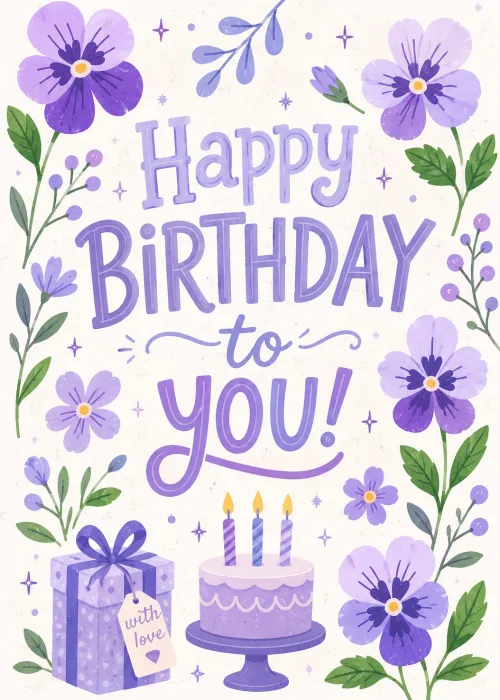 Purple pansies around a lavender cake on a Happy Birthday to You card