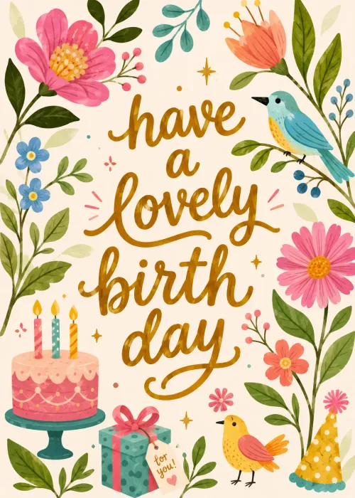Gold script have a lovely birthday surrounded by painted flowers, birds, a cake, gift, and party hat