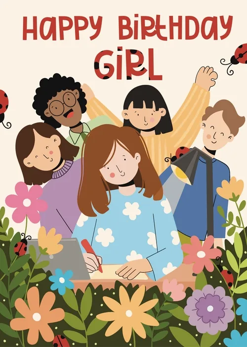 Animated birthday card with diverse illustrated friends gathering around a girl at her desk, framed by colorful flowers and ladybug details