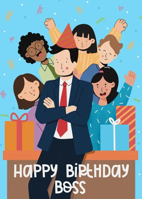 Blue animated birthday card with illustrated male boss in navy suit surrounded by celebrating team members and gift boxes with Happy Birthday Boss text