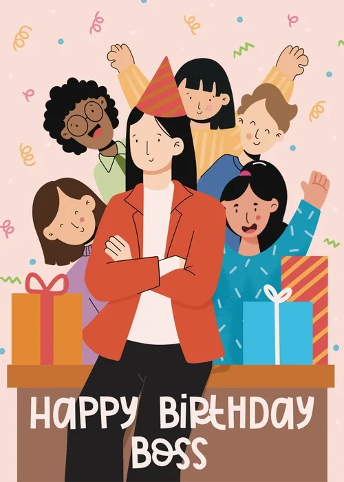 Pink animated birthday card with illustrated female boss in red blazer surrounded by celebrating team members and gift boxes with Happy Birthday Boss text