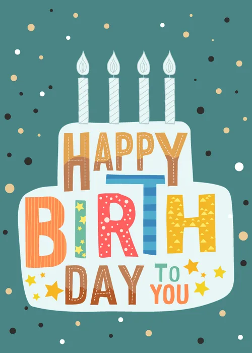 Teal birthday card featuring a large illustrated birthday cake with candles and colorful patchwork text reading Happy Birthday to You