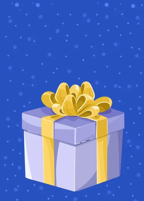 Animated lavender gift box with a golden yellow ribbon and bow on a royal blue polka dot background