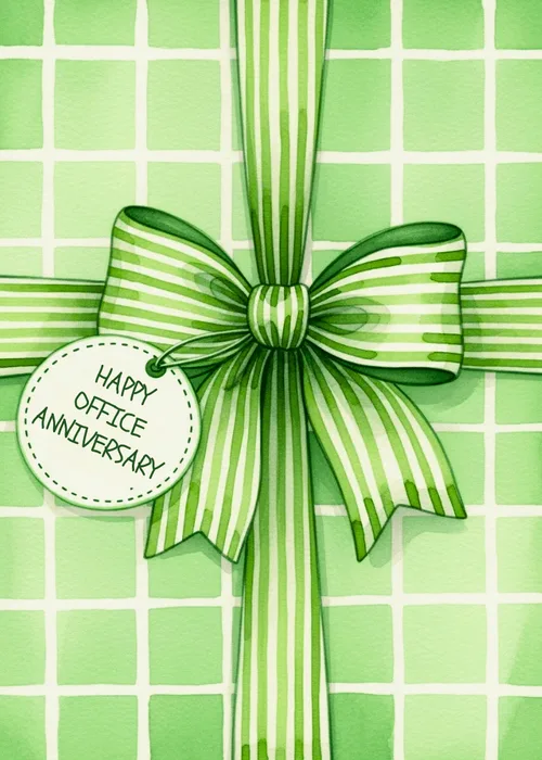 Work anniversary card styled as wrapped gift with green and white checkered wrapping paper bold diagonal striped ribbon bow and circular Happy Office Anniversary gift tag