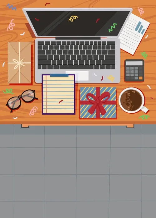 Animated top-down view of an office desk decorated with birthday confetti, a wrapped gift, coffee cup, glasses, and an open laptop