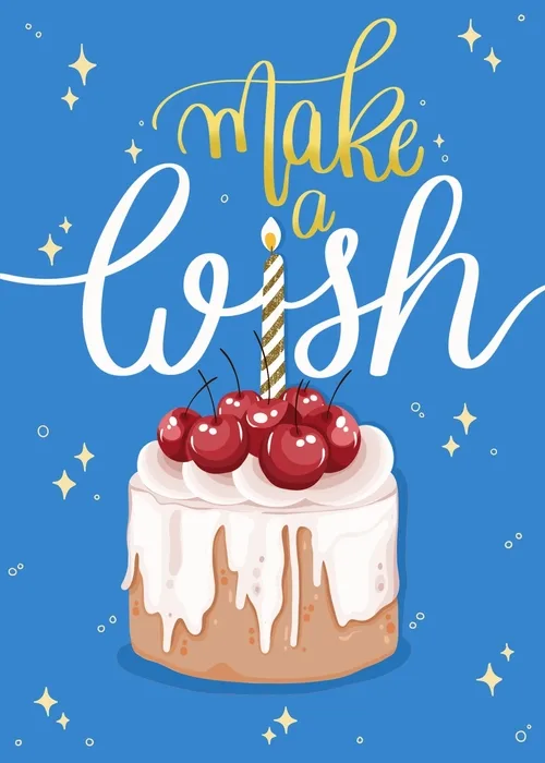 Animated birthday cake with cherries and a striped candle on a blue starry background with hand-lettered Make a Wish text