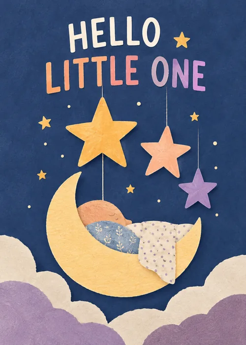 Night blue new baby card with a baby sleeping in a golden crescent moon with paper stars, text Hello little one