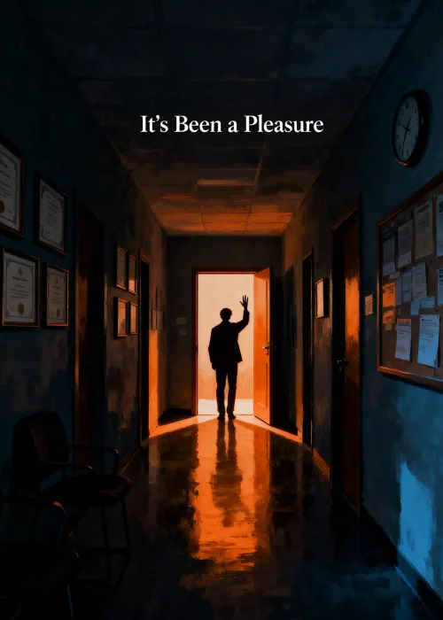 A long, dark office hallway with a silhouette of a person and the text It's Been A Pleasure.
